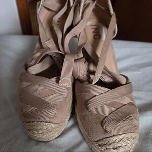 INC International Concepts Tan Lace-Up Espadrille Wedge Heels